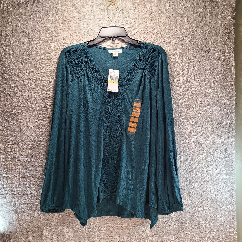 John Paul Richard Womens Long Sleeve Crinkle‎ Knit Top Medium Green NWT